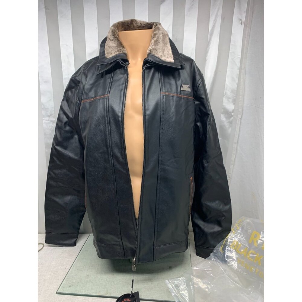 R Rosso Black & Gold Leather Jacket Fur Collar Black Zip Up XL DAMAGED ZIPPER